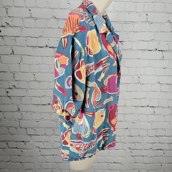 Patagonia Blue Tidal Threads Button Up Short Sleeve Collared Shirt Top Large L - Picture 12 of 12